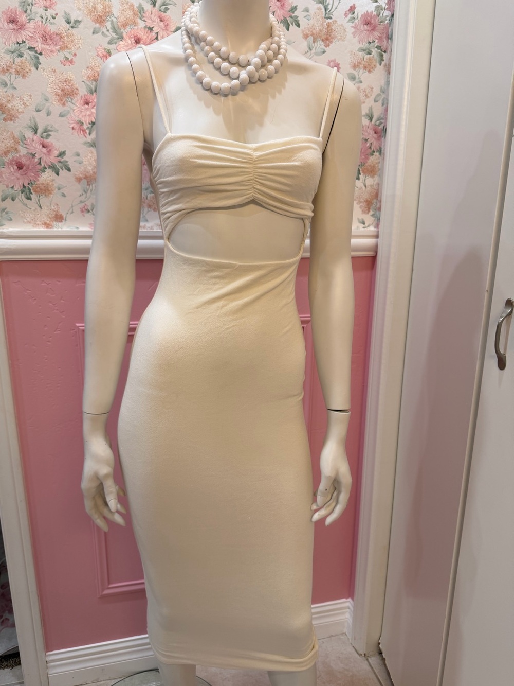 naked wardrobe Cream Cutout Midi Dress with Ruched Bust